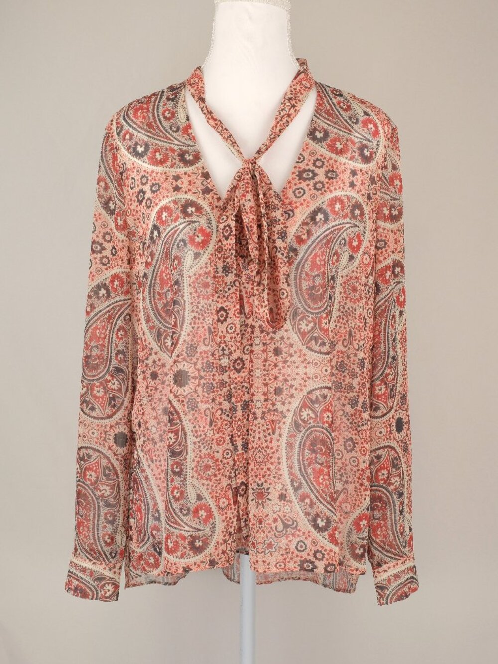 Alice + Olivia Anabel Tie Neck Floral Paisley Blouse Top, Red Multi, Small